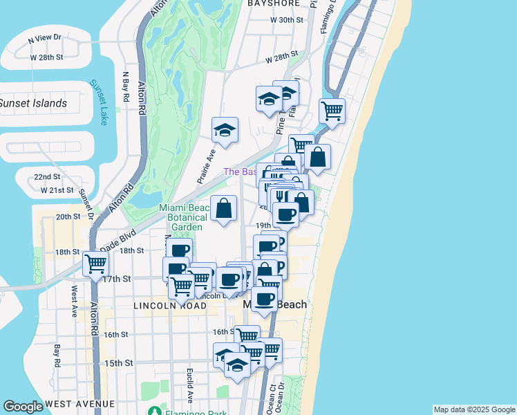 map of restaurants, bars, coffee shops, grocery stores, and more near 1935 Park Avenue in Miami Beach