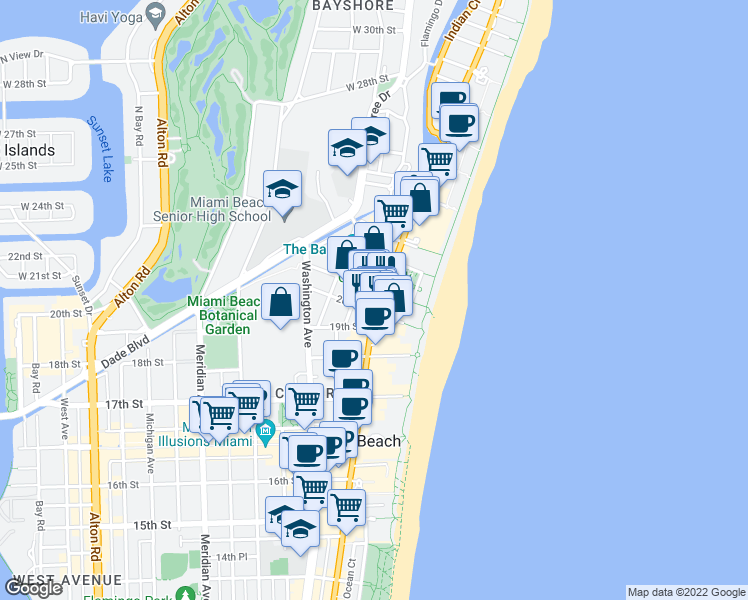 map of restaurants, bars, coffee shops, grocery stores, and more near 220 21st Street in Miami Beach