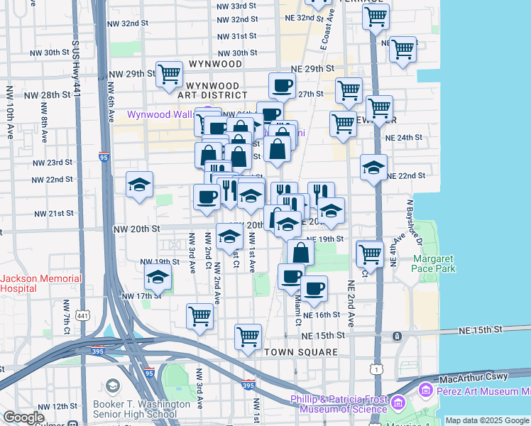 map of restaurants, bars, coffee shops, grocery stores, and more near in Miami