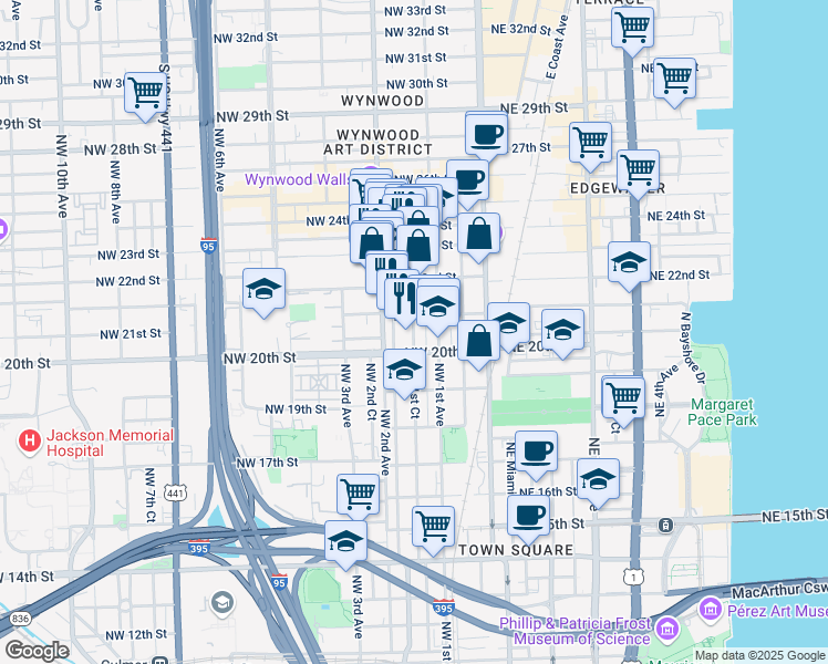 map of restaurants, bars, coffee shops, grocery stores, and more near 2037 Northwest 1st Place in Miami