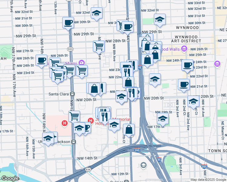 map of restaurants, bars, coffee shops, grocery stores, and more near 800 Northwest 21st Street in Miami