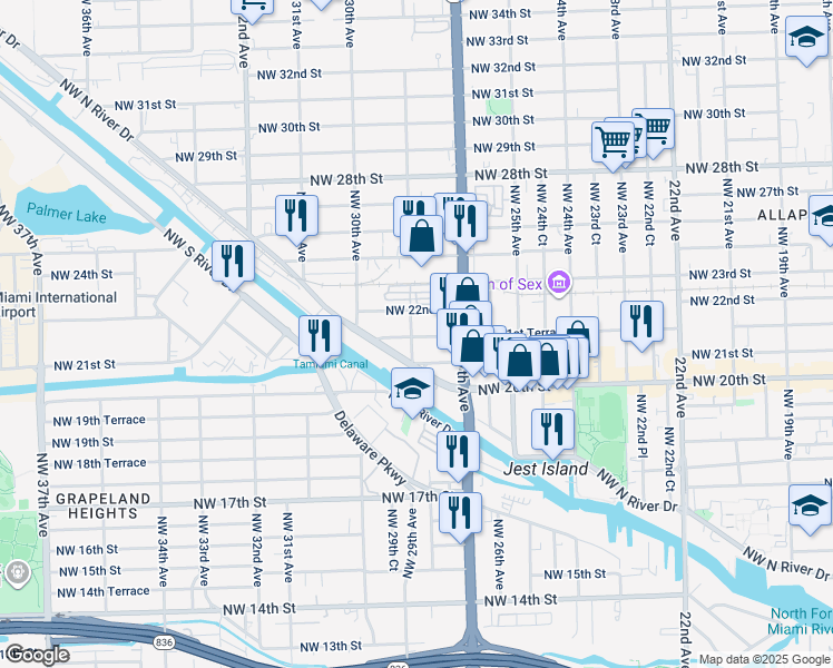 map of restaurants, bars, coffee shops, grocery stores, and more near 2745 Northwest 21st Street in Miami