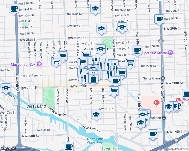 map of restaurants, bars, coffee shops, grocery stores, and more near 1907 Northwest 21st Street in Miami