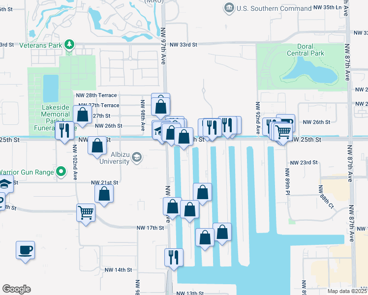 map of restaurants, bars, coffee shops, grocery stores, and more near 2370 Northwest 96th Avenue in Doral