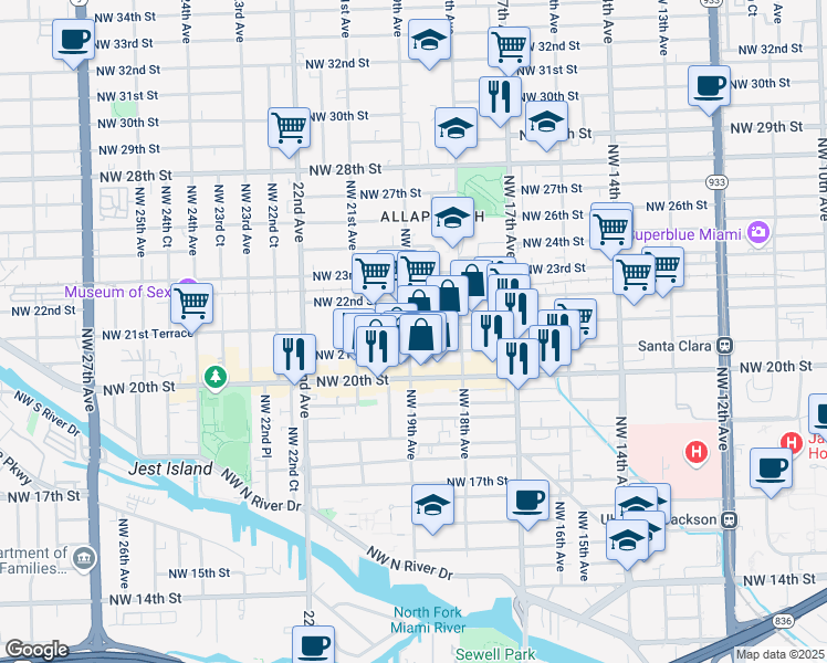 map of restaurants, bars, coffee shops, grocery stores, and more near 2167 Northwest 19th Avenue in Miami