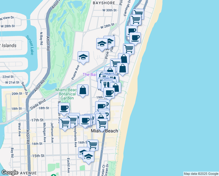 map of restaurants, bars, coffee shops, grocery stores, and more near 2121 Park Avenue in Miami Beach