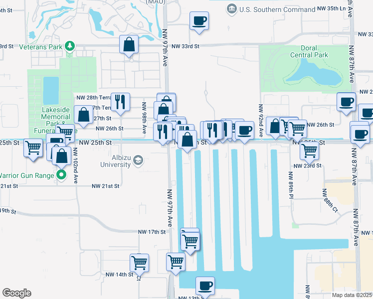 map of restaurants, bars, coffee shops, grocery stores, and more near in Doral
