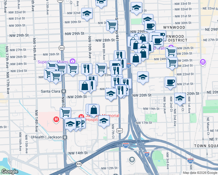 map of restaurants, bars, coffee shops, grocery stores, and more near 750 Northwest 21st Terrace in Miami