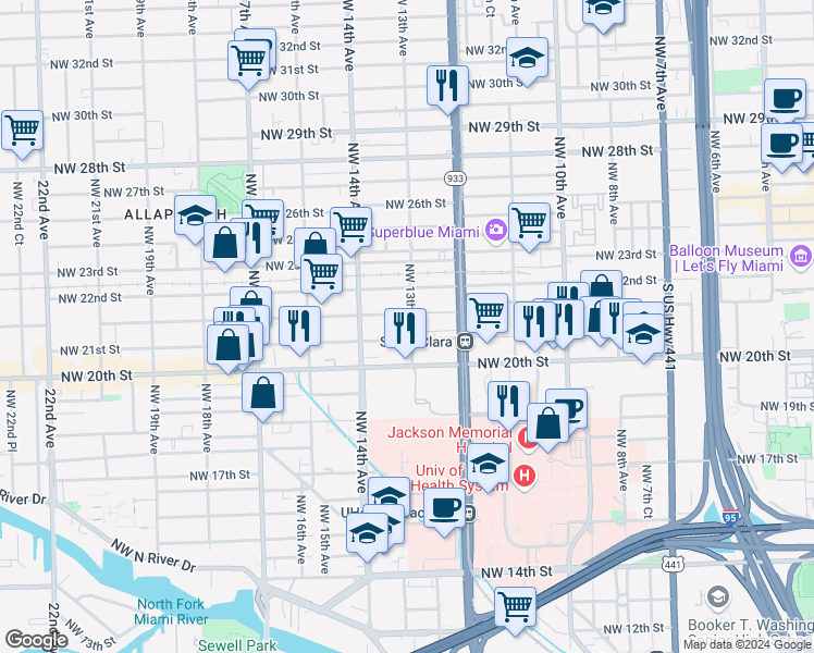 map of restaurants, bars, coffee shops, grocery stores, and more near 2151 Northwest 13th Avenue in Miami