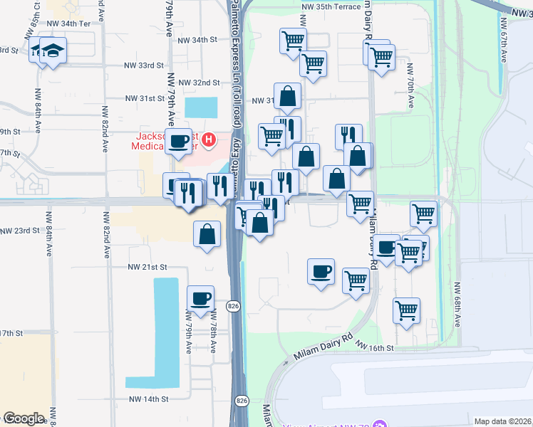map of restaurants, bars, coffee shops, grocery stores, and more near 7498 Northwest 25th Street in Miami
