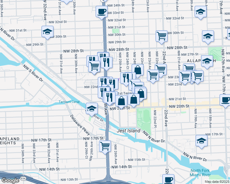 map of restaurants, bars, coffee shops, grocery stores, and more near 2188 Northwest 25th Avenue in Miami