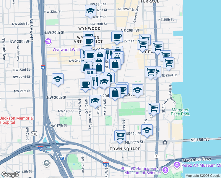 map of restaurants, bars, coffee shops, grocery stores, and more near 45 Northwest 21st Street in Miami