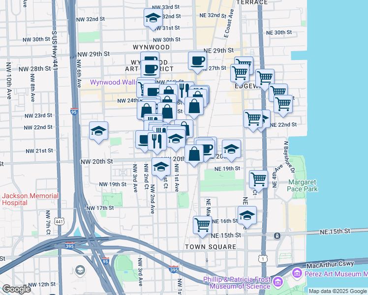 map of restaurants, bars, coffee shops, grocery stores, and more near 45 Northwest 21st Street in Miami