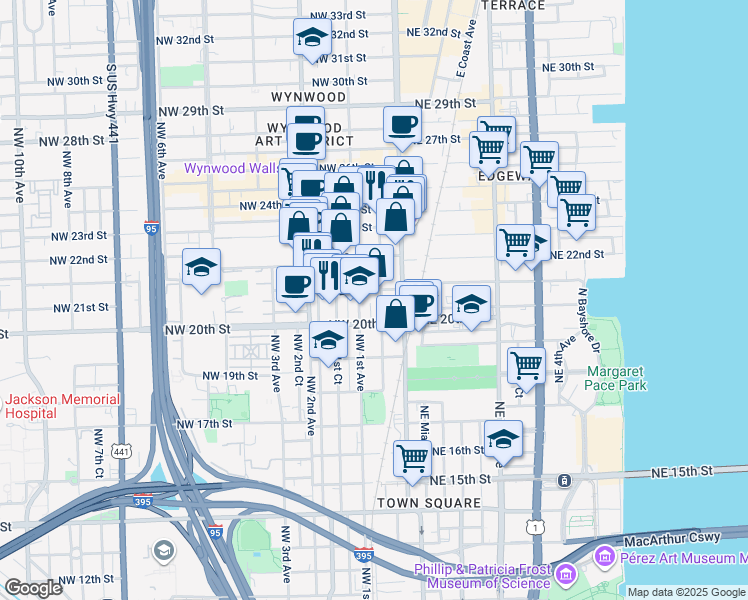 map of restaurants, bars, coffee shops, grocery stores, and more near 45 Northwest 21st Street in Miami