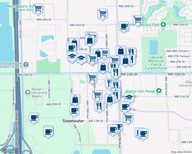 map of restaurants, bars, coffee shops, grocery stores, and more near 10900 Beacon Trail in Doral