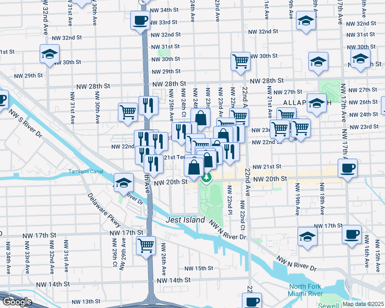 map of restaurants, bars, coffee shops, grocery stores, and more near 2187 Northwest 24th Court in Miami