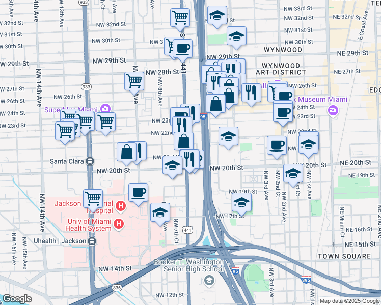 map of restaurants, bars, coffee shops, grocery stores, and more near 2097 Northwest 7th Avenue in Miami