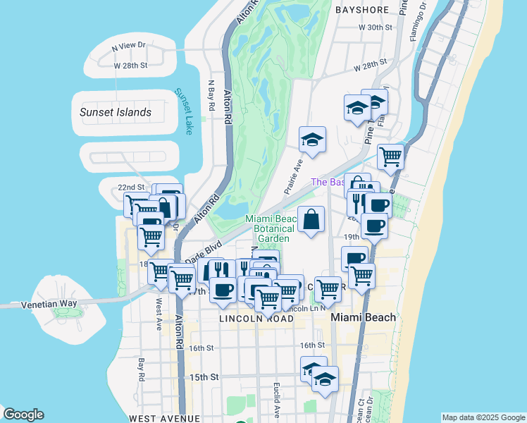 map of restaurants, bars, coffee shops, grocery stores, and more near 2001 Meridian Avenue in Miami Beach