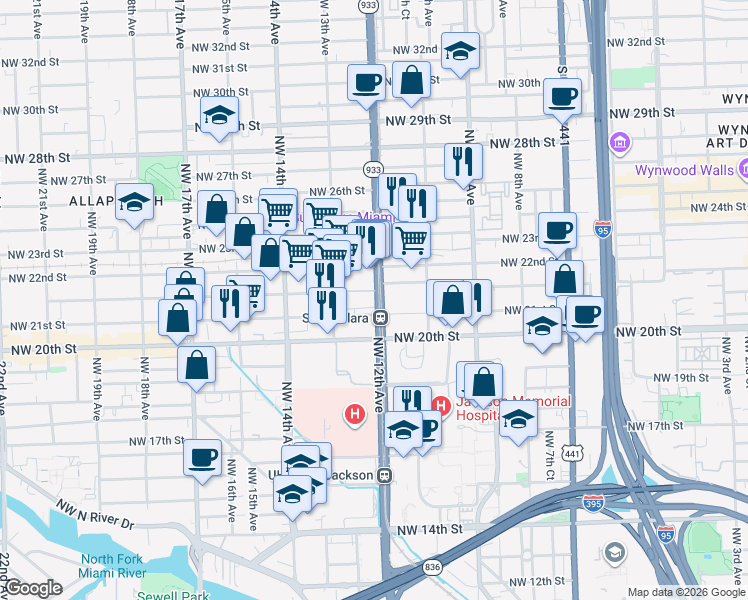 map of restaurants, bars, coffee shops, grocery stores, and more near in Miami