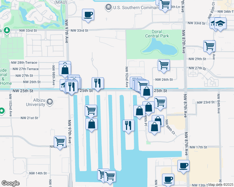 map of restaurants, bars, coffee shops, grocery stores, and more near 9290 Northwest 25th Street in Doral