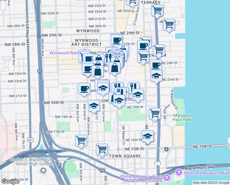 map of restaurants, bars, coffee shops, grocery stores, and more near 2105 North Miami Avenue in Miami