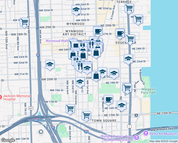 map of restaurants, bars, coffee shops, grocery stores, and more near 45 Northwest 21st Street in Miami