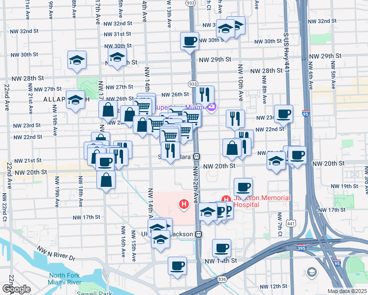 map of restaurants, bars, coffee shops, grocery stores, and more near 2151 Northwest 13th Avenue in Miami