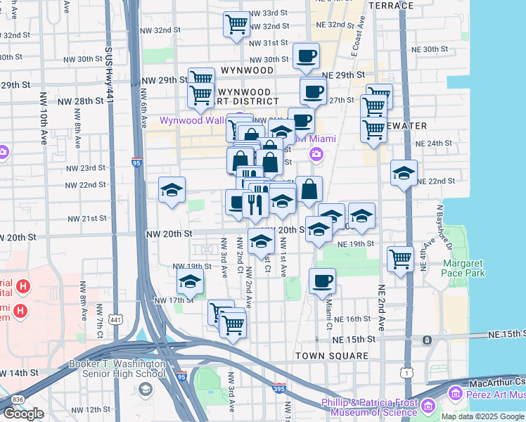 map of restaurants, bars, coffee shops, grocery stores, and more near 2105 Northwest 1st Court in Miami