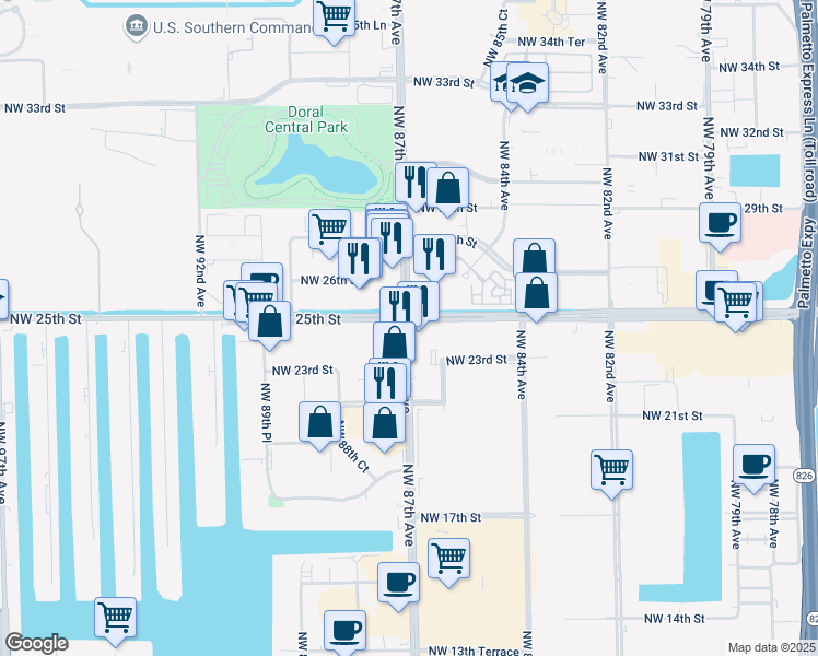 map of restaurants, bars, coffee shops, grocery stores, and more near 2495 NW 87th Ave in Miami