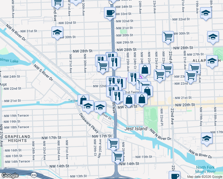 map of restaurants, bars, coffee shops, grocery stores, and more near 2762 Northwest 22nd Street in Miami