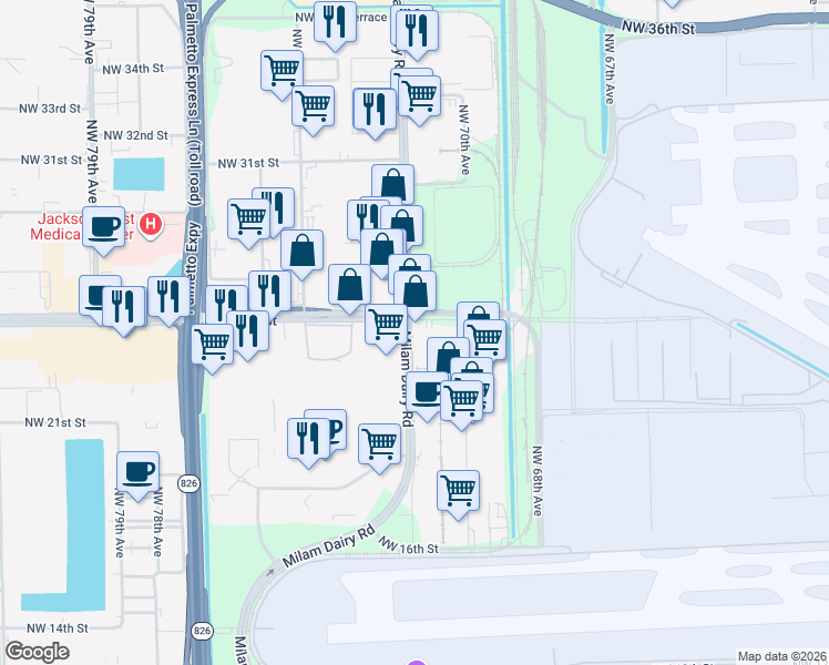 map of restaurants, bars, coffee shops, grocery stores, and more near 2491 Milam Dairy Road in Miami