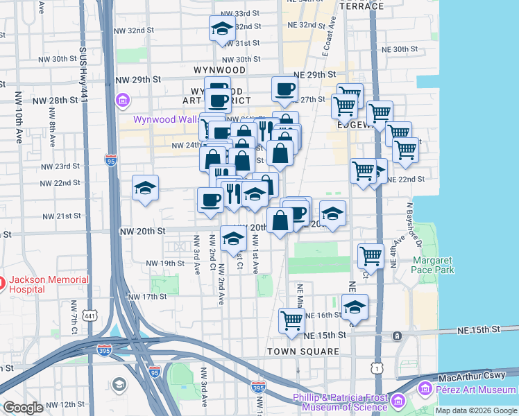 map of restaurants, bars, coffee shops, grocery stores, and more near 45 Northwest 21st Street in Miami
