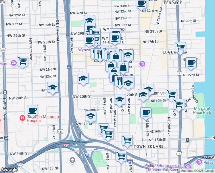 map of restaurants, bars, coffee shops, grocery stores, and more near 2140 Northwest 3rd Avenue in Miami