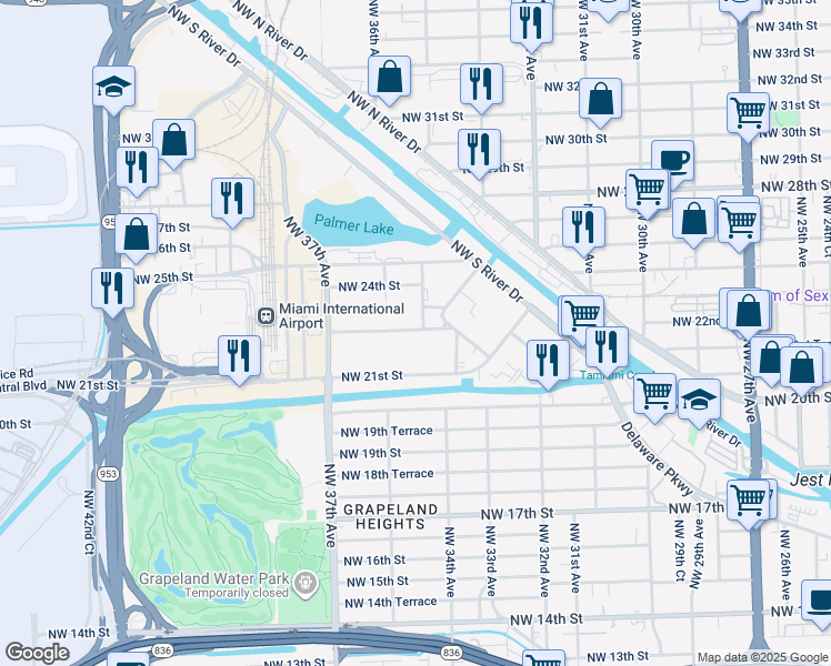 map of restaurants, bars, coffee shops, grocery stores, and more near 3601 Perimeter Road in Miami