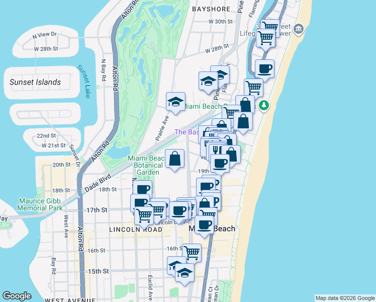 map of restaurants, bars, coffee shops, grocery stores, and more near Washington Ave & 20th St in Miami Beach