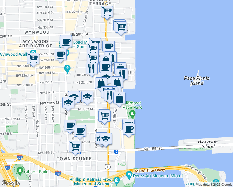 map of restaurants, bars, coffee shops, grocery stores, and more near 2020 North Bayshore Drive in Miami