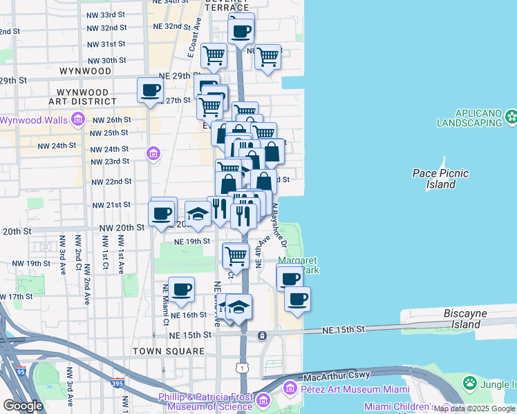 map of restaurants, bars, coffee shops, grocery stores, and more near 2075 Biscayne Boulevard in Miami