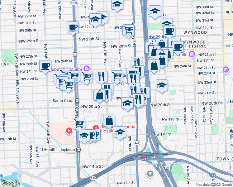 map of restaurants, bars, coffee shops, grocery stores, and more near 2136 Northwest 8th Avenue in Miami
