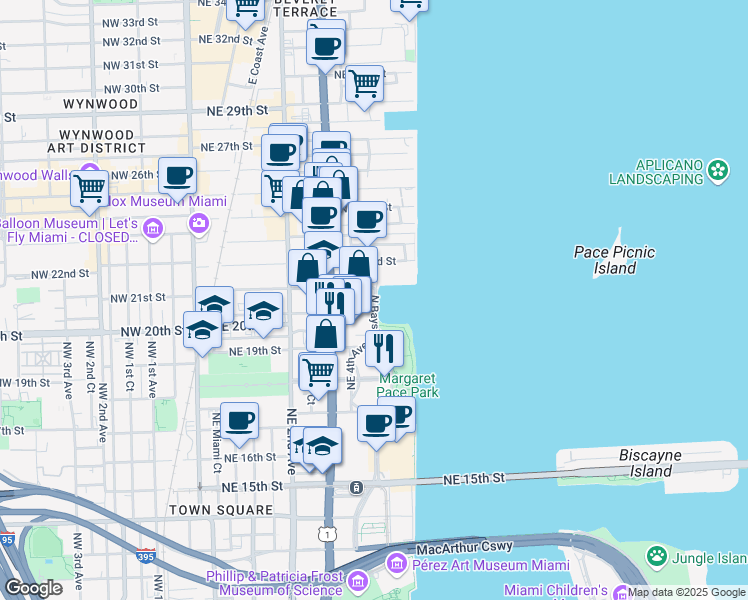 map of restaurants, bars, coffee shops, grocery stores, and more near 2066 North Bayshore Drive in Miami