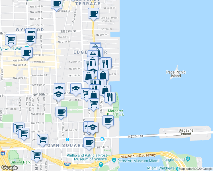 map of restaurants, bars, coffee shops, grocery stores, and more near 2060 North Bayshore Drive in Miami