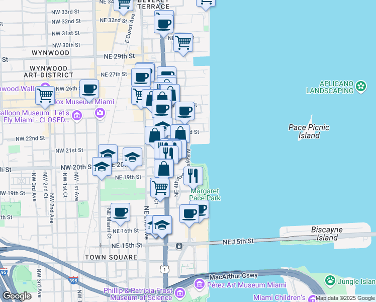 map of restaurants, bars, coffee shops, grocery stores, and more near 2020 North Bayshore Drive in Miami
