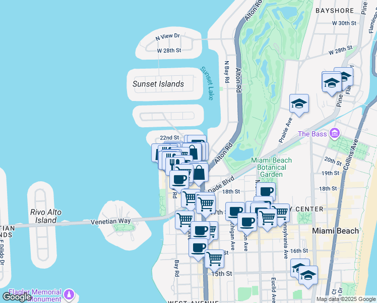 map of restaurants, bars, coffee shops, grocery stores, and more near 2001 Lake Avenue in Miami Beach