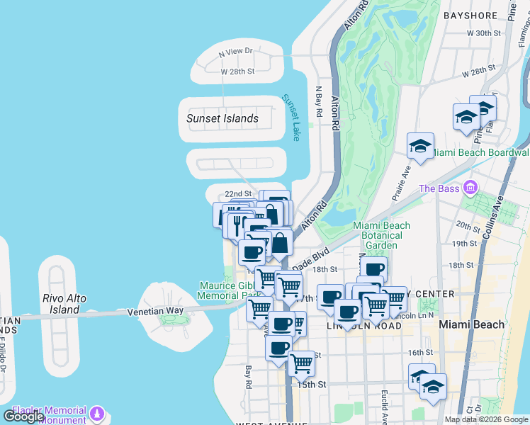 map of restaurants, bars, coffee shops, grocery stores, and more near 2001 Lake Avenue in Miami Beach