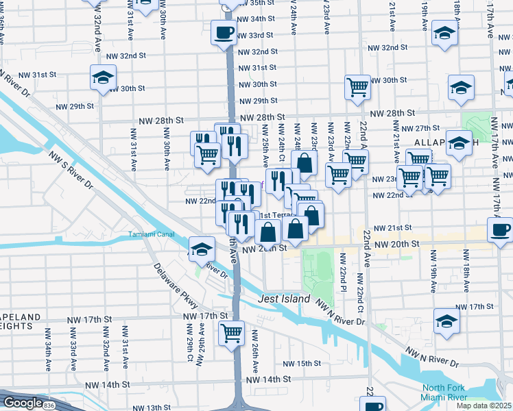 map of restaurants, bars, coffee shops, grocery stores, and more near 2188 Northwest 25th Avenue in Miami