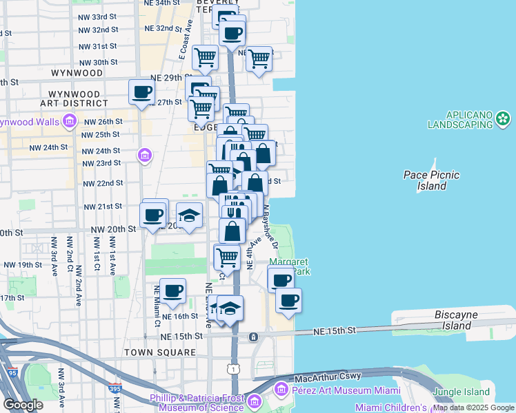 map of restaurants, bars, coffee shops, grocery stores, and more near 2066 North Bayshore Drive in Miami