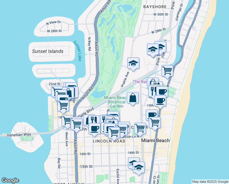 map of restaurants, bars, coffee shops, grocery stores, and more near 2001 Meridian Avenue in Miami Beach