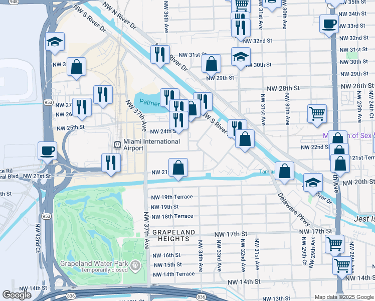 map of restaurants, bars, coffee shops, grocery stores, and more near 3601 Northwest 22nd Street in Miami