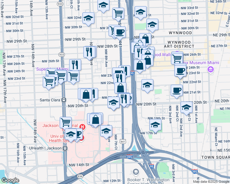 map of restaurants, bars, coffee shops, grocery stores, and more near 750 Northwest 21st Terrace in Miami