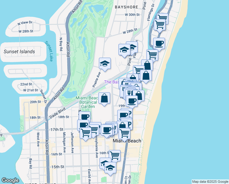map of restaurants, bars, coffee shops, grocery stores, and more near 430 21st Street in Miami Beach