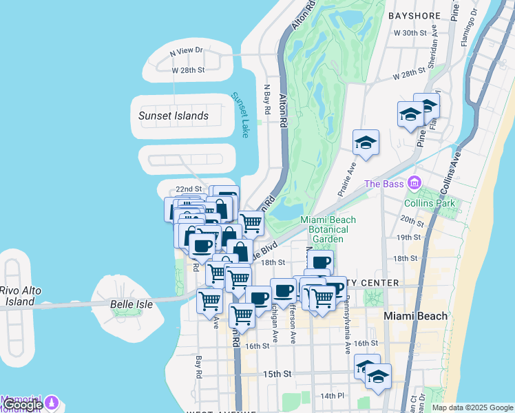 map of restaurants, bars, coffee shops, grocery stores, and more near 2031 North Bay Road in Miami Beach